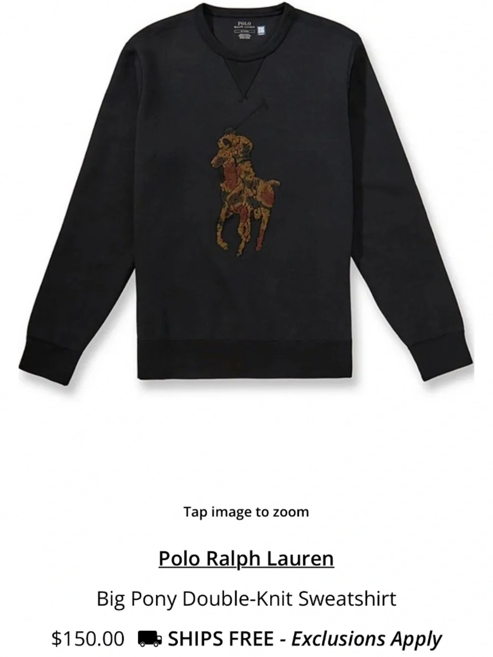 Polo Ralph Lauren Black Sweatshirt with Embroidered Camo Pony M